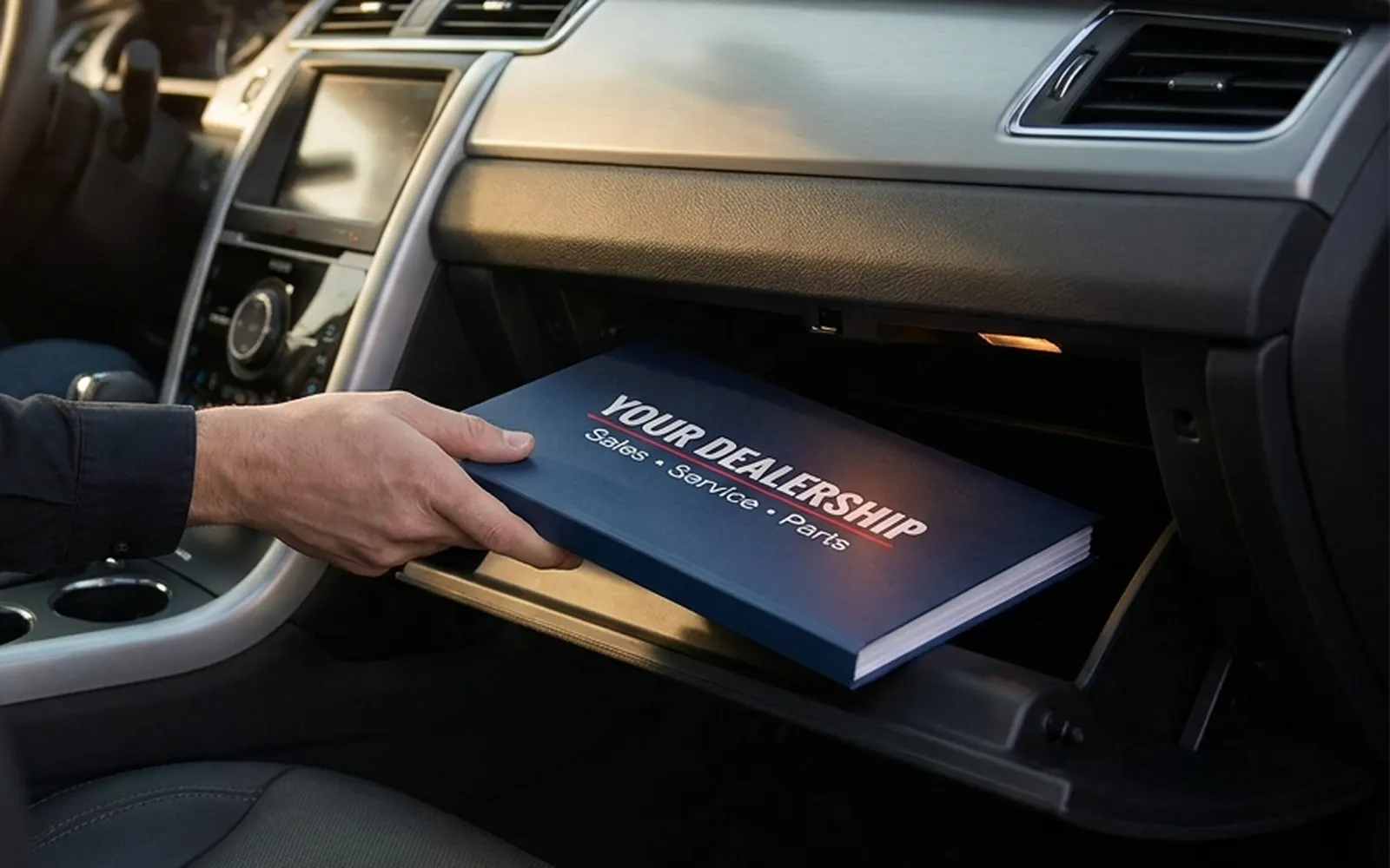 Custom dealership document delivery folder going into a new car's glove box