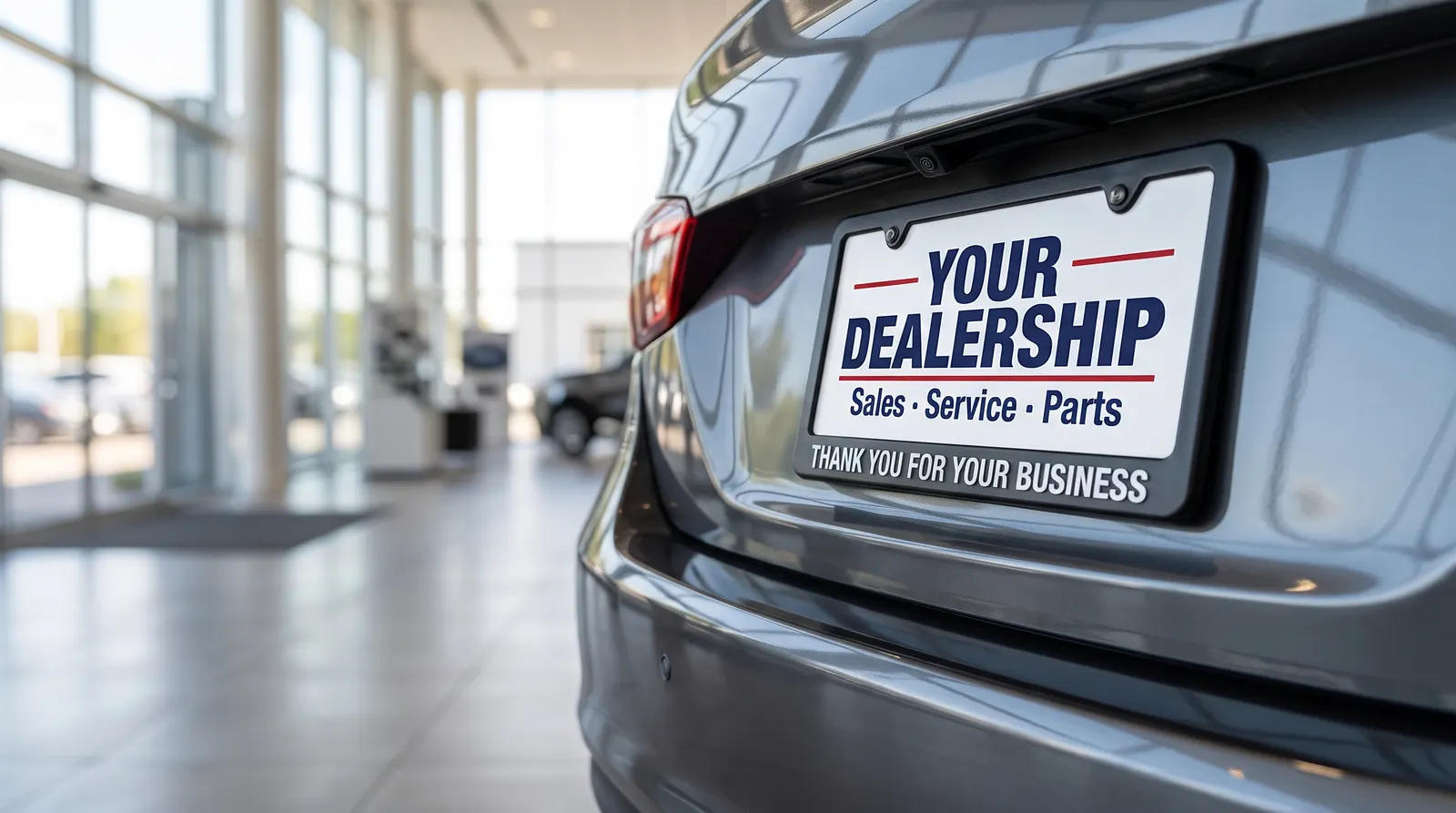 Custom dealer plate insert and plate frame on a new car in a showroom