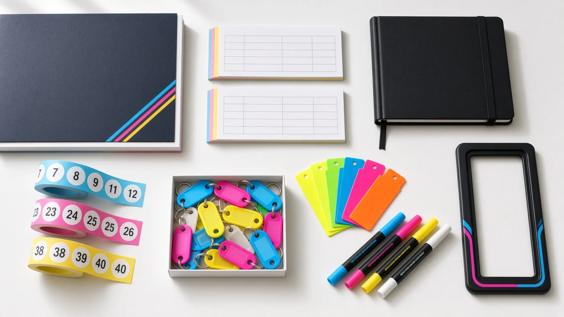 Dealership supplies: deal folder, forms, record book, stock number stickers, key tags, hang tags and windshield markers